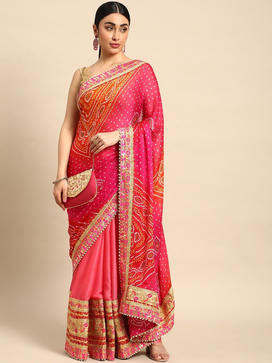 

Panzora Bandhani Embroidered Pure Chiffon Bandhani Saree, Peach