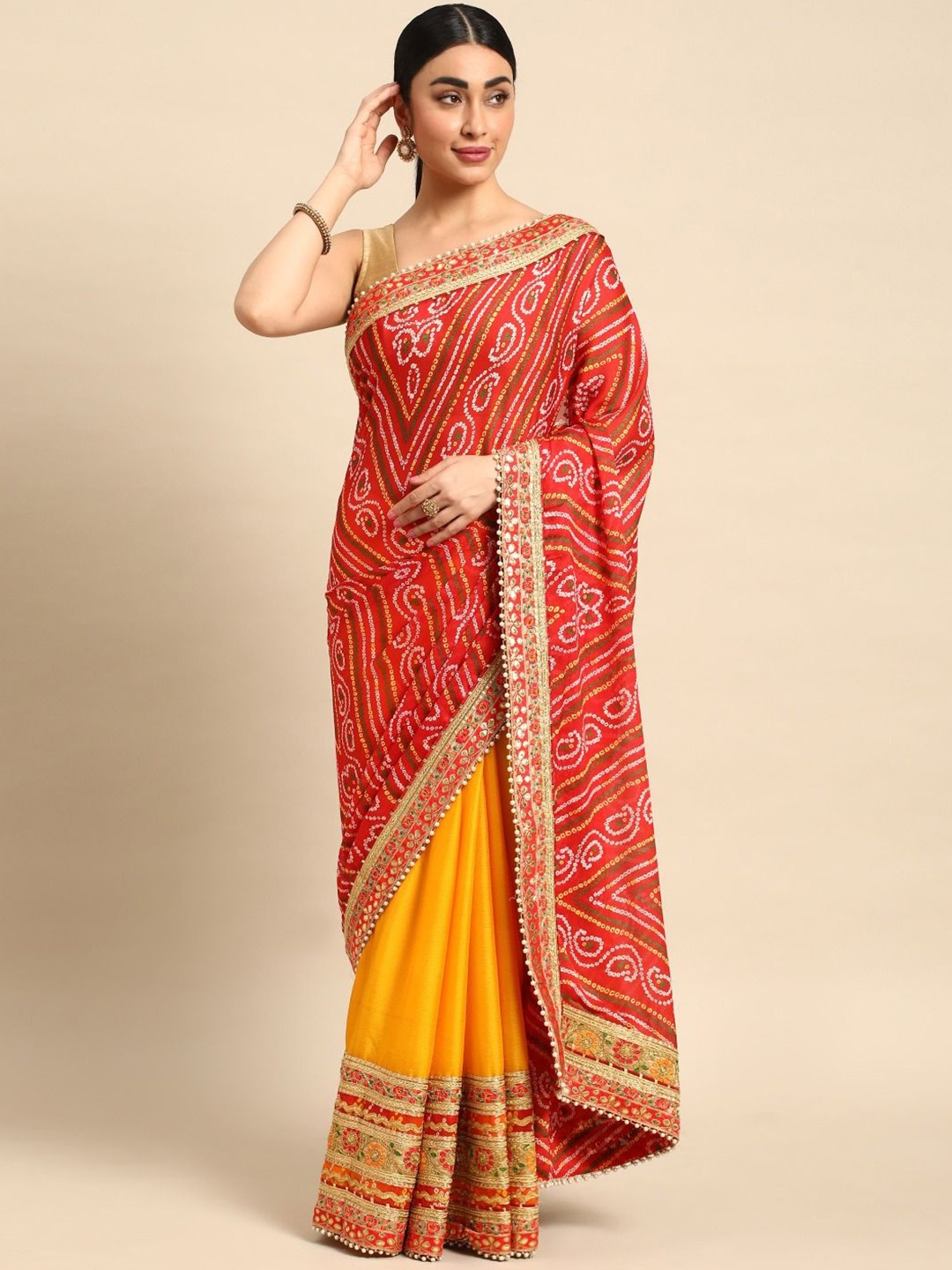 

Panzora Bandhani Embroidered Pure Chiffon Bandhani Saree, Yellow