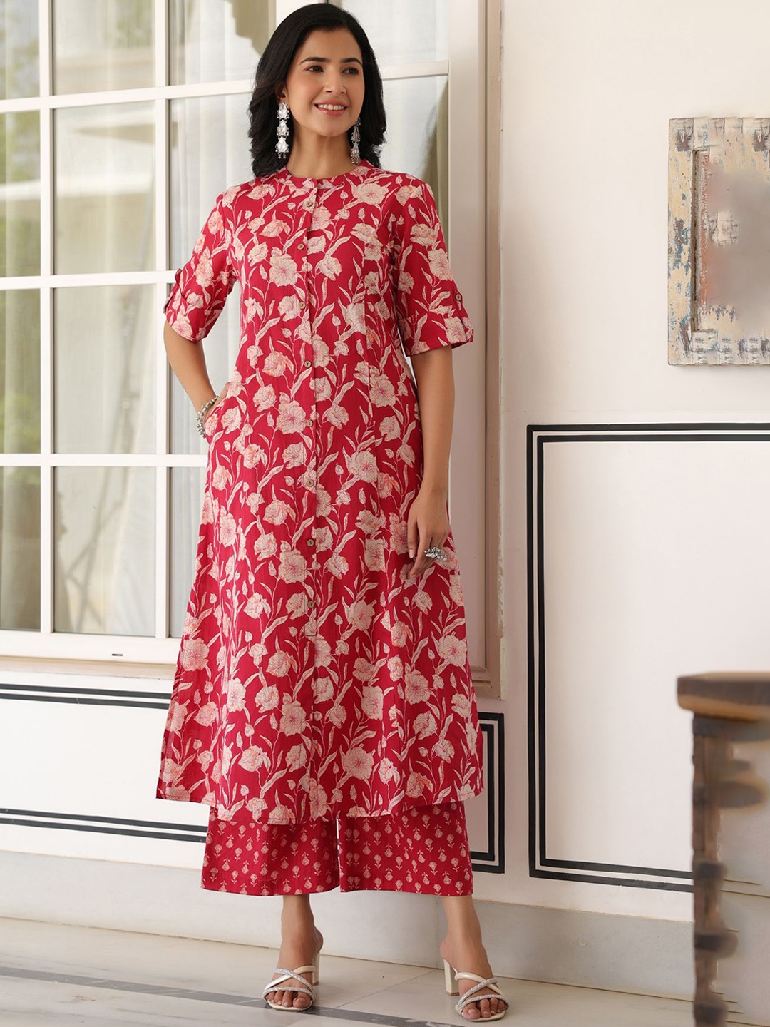 

PIROH Women Floral Printed Regular Pure Cotton Kurta with Trousers, Pink