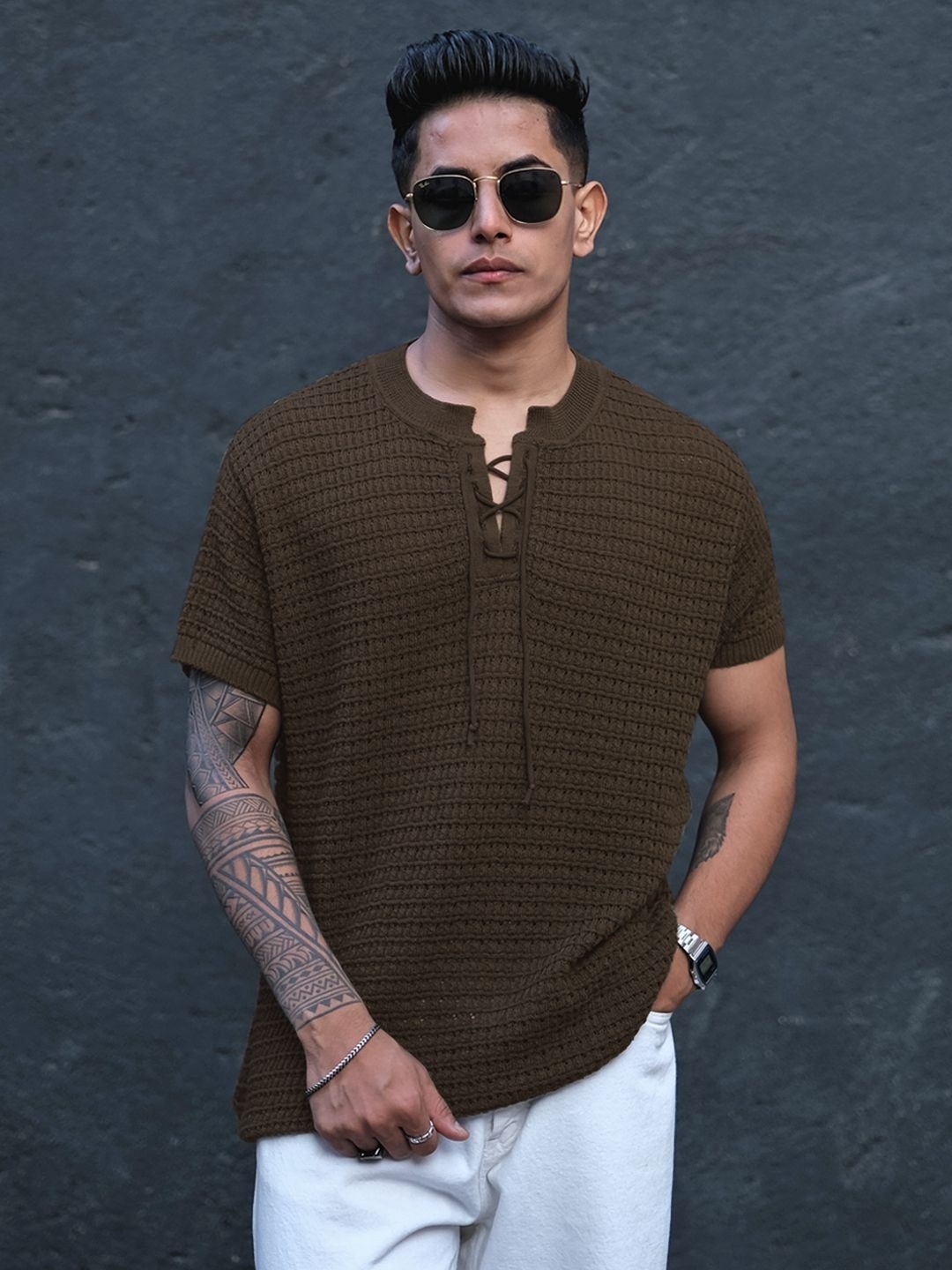 

Powerlook Men Striped Henley Neck Pockets T-shirt, Brown