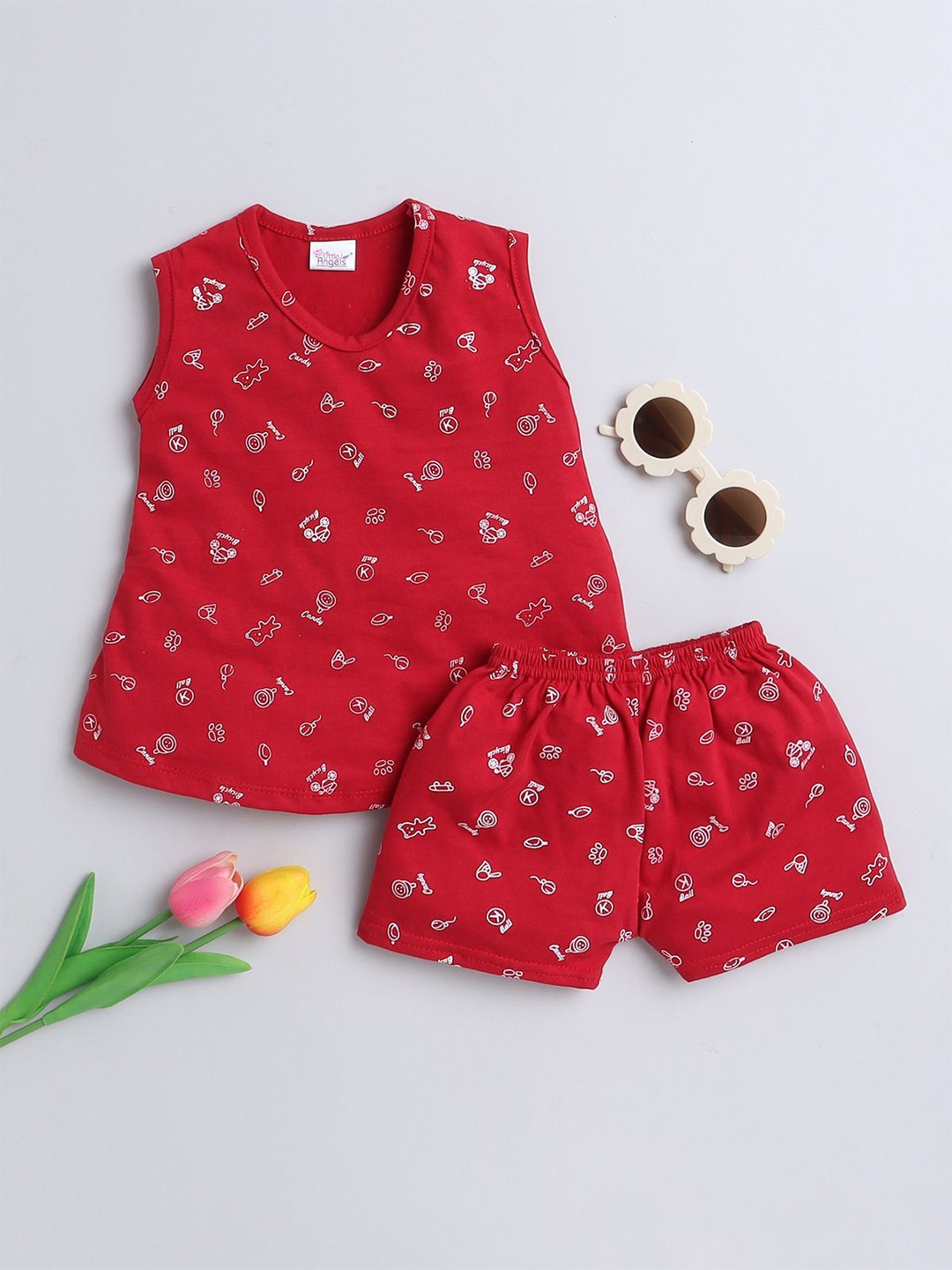 

Little Angels Unisex Kids Printed Top with Shorts, Red