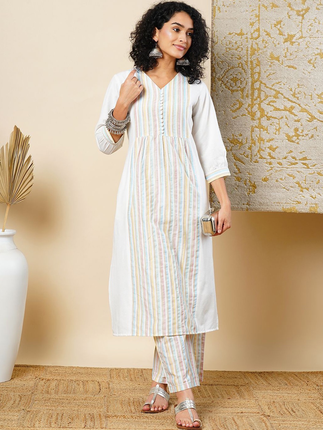 

Globus Women Striped Panelled Kurta with Trousers, White