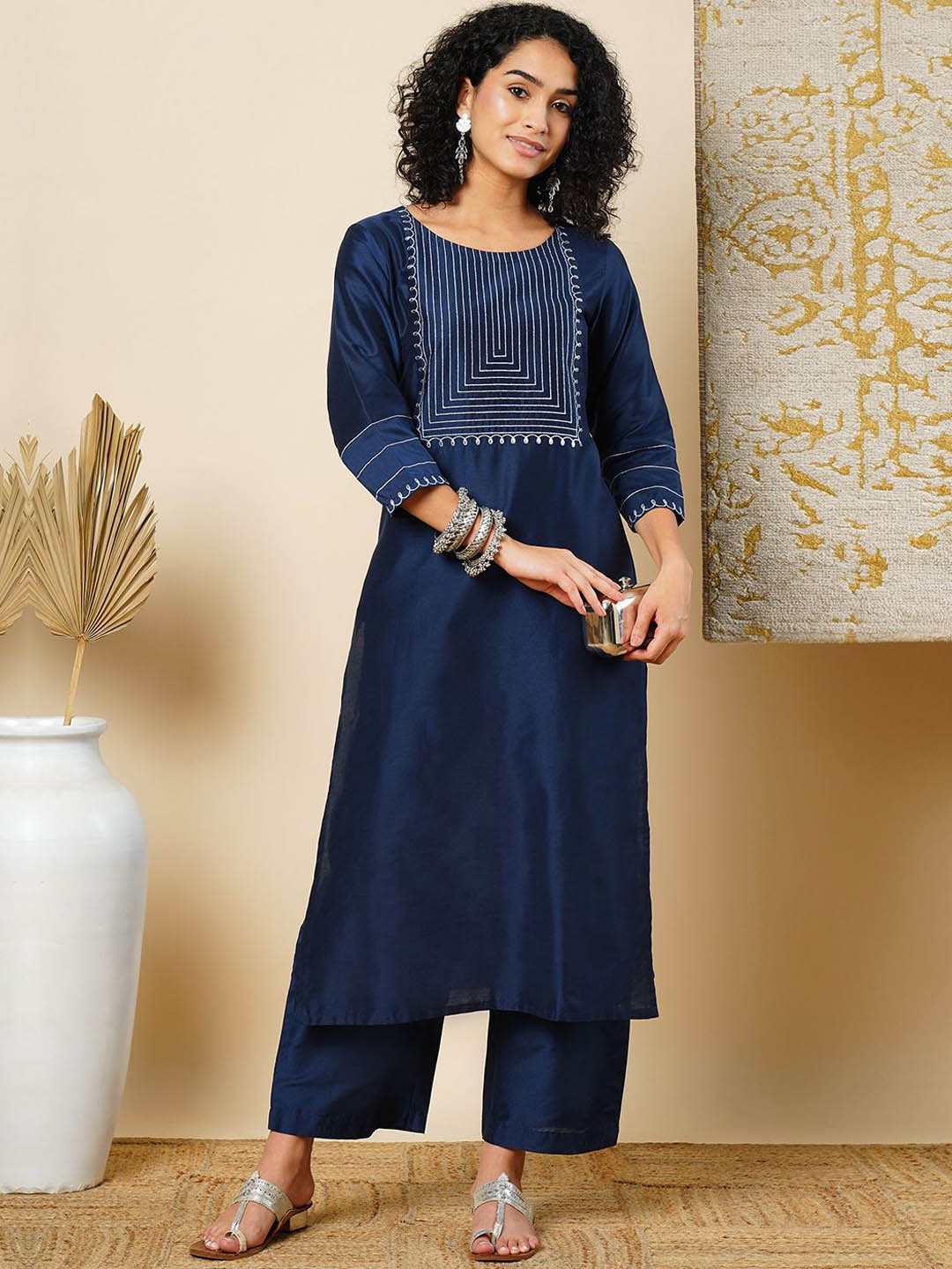 

Globus Women Ethnic Motifs Yoke Design Regular Thread Work Kurta with Trousers, Teal