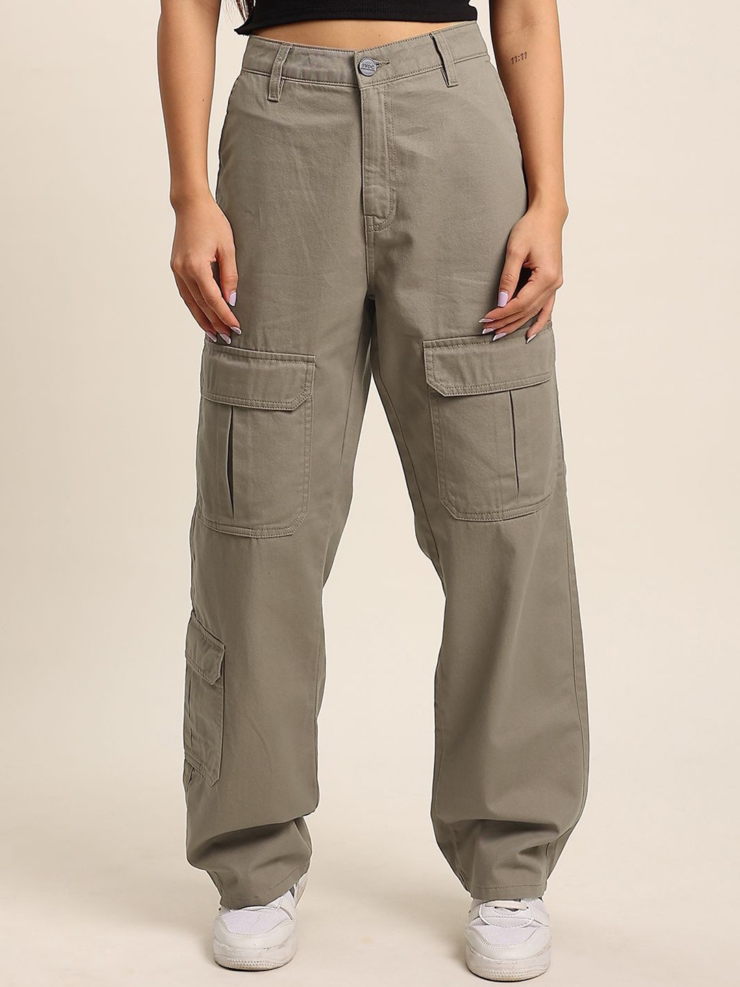 

IVOC Women Straight Fit High-Rise Cargos Trousers, Brown