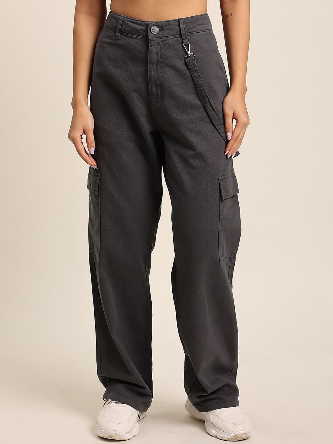 

IVOC Women Straight Fit High-Rise Cargos Trousers, Grey