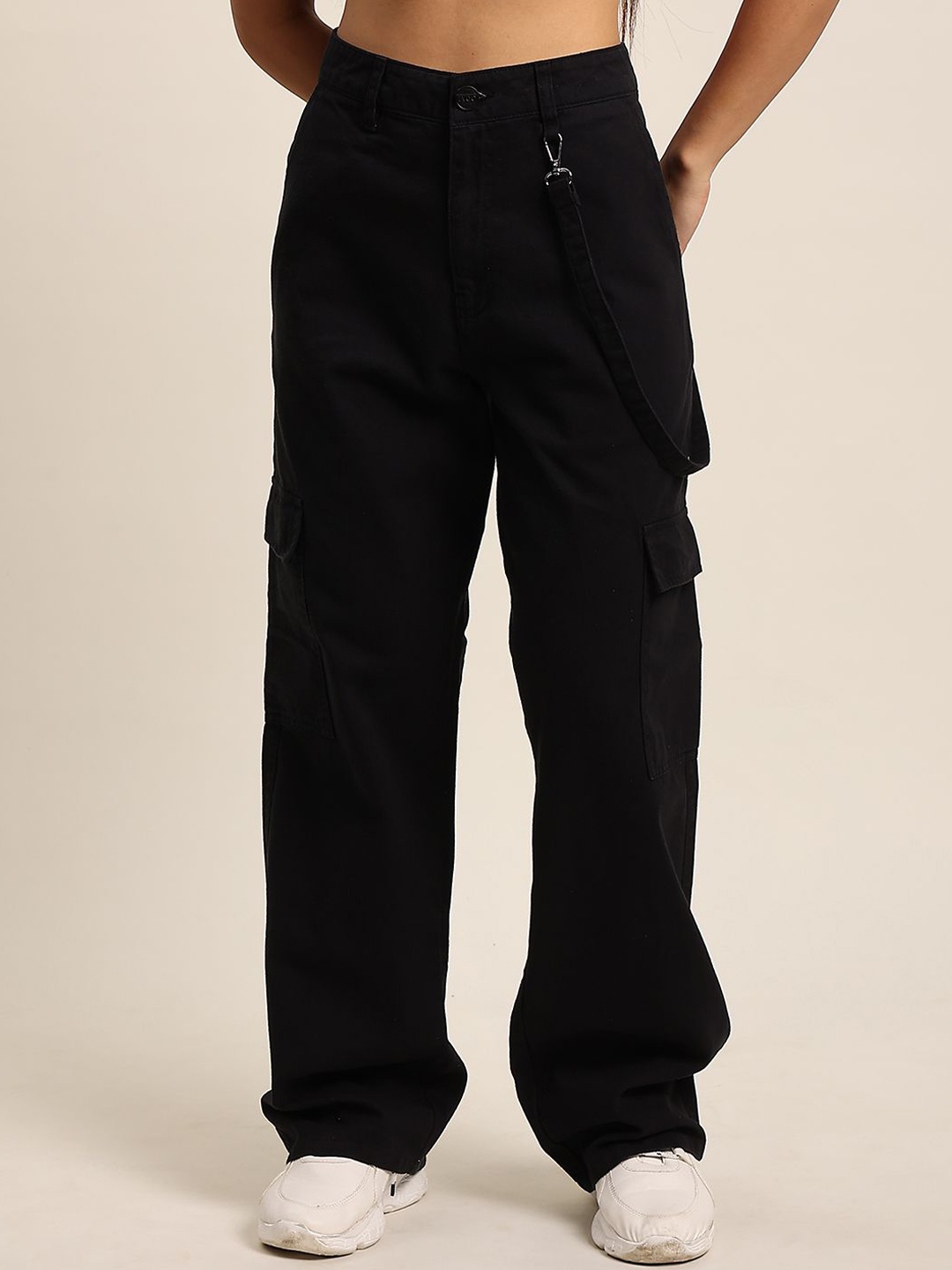 

IVOC Women Straight Fit High-Rise Cargos Trousers, Black