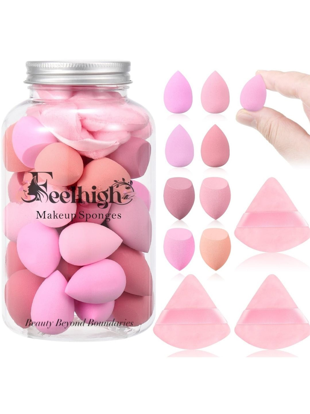 

FEELHIGH Set Of 40 Sponge & Triangle Puff With Storage Jar, Pink