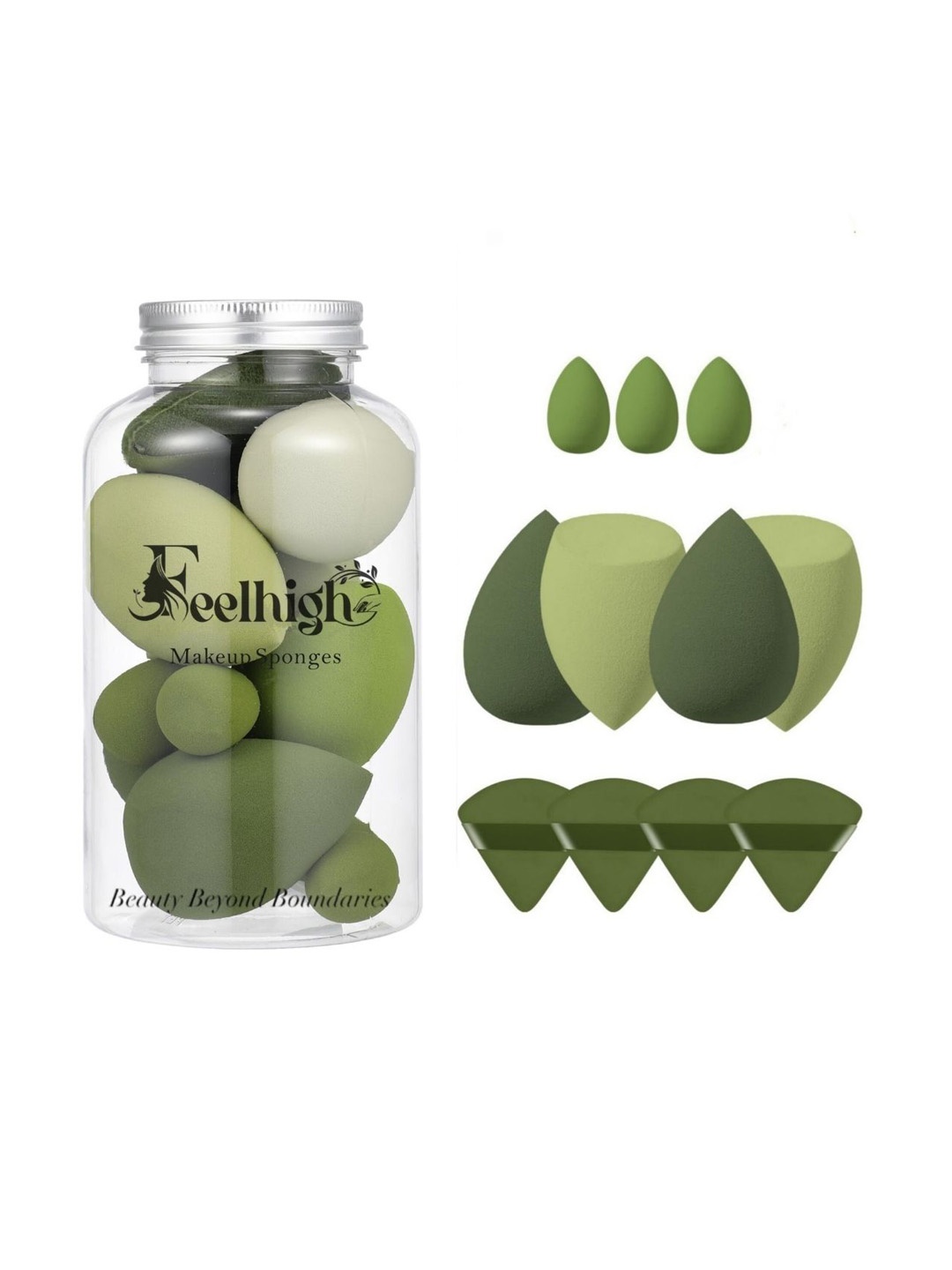 

FEELHIGH Set Of 11 Sponge & Triangle Puff With Storage Jar, Green