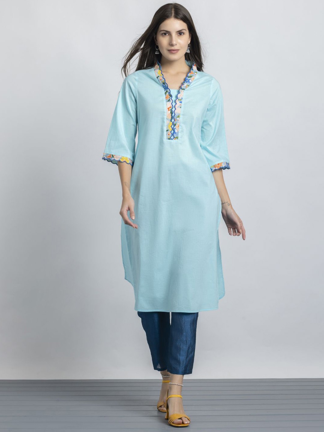 

SHAYE Women Yoke Design Flared Sleeves Thread Work Floral Kurta, Blue