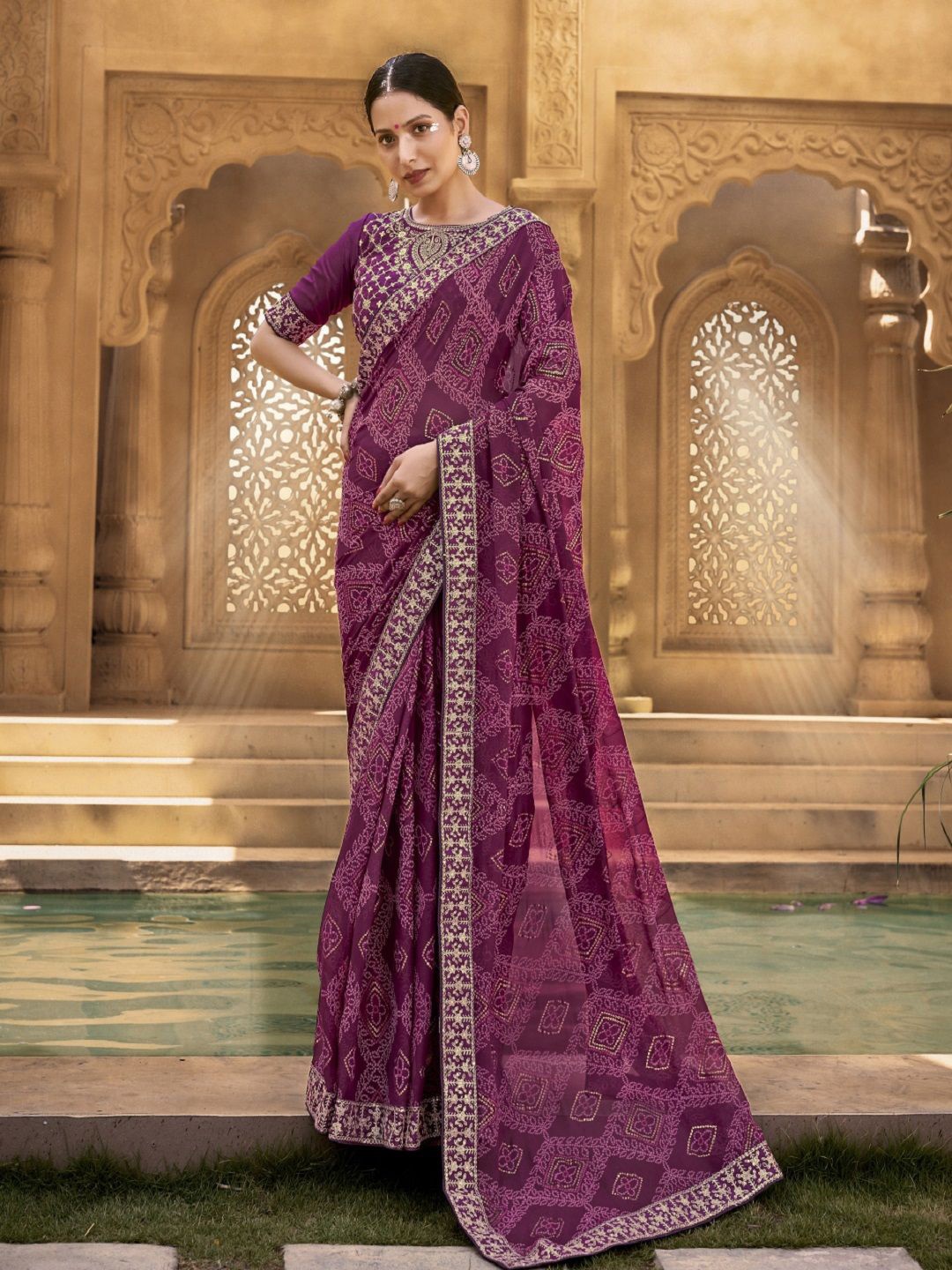 

Stylum Bandhani Embroidered Poly Georgette Bandhani Saree, Purple