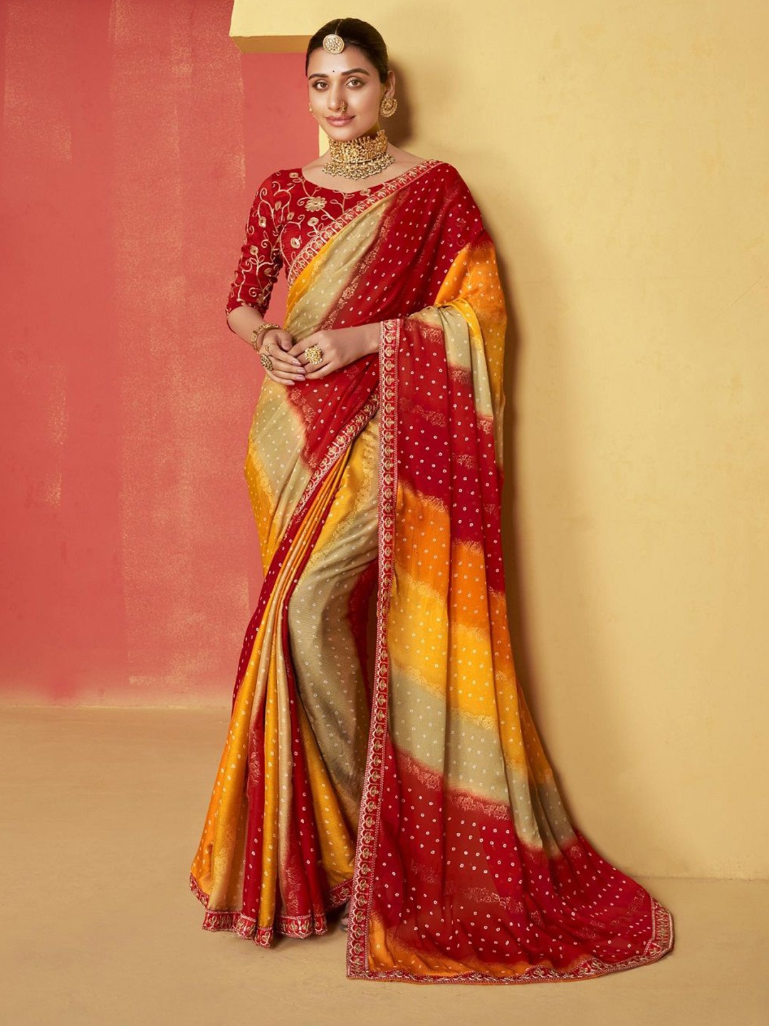 

Stylum Bandhani Embroidered Poly Chiffon Bandhani Saree, Red