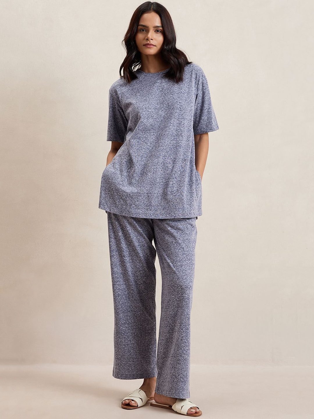 

FEMMELLA Round Neck Tshirt With Trouser Co-Ords, Blue