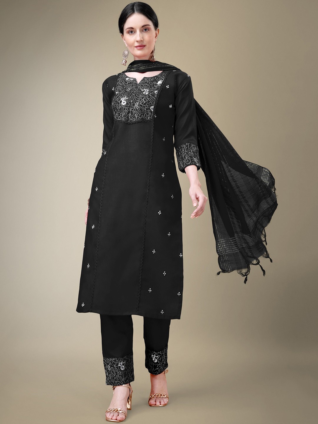 

BERISTON Women Ethnic Motifs Embroidered Regular Sequinned Kurta with Trousers & With Dupatta, Black