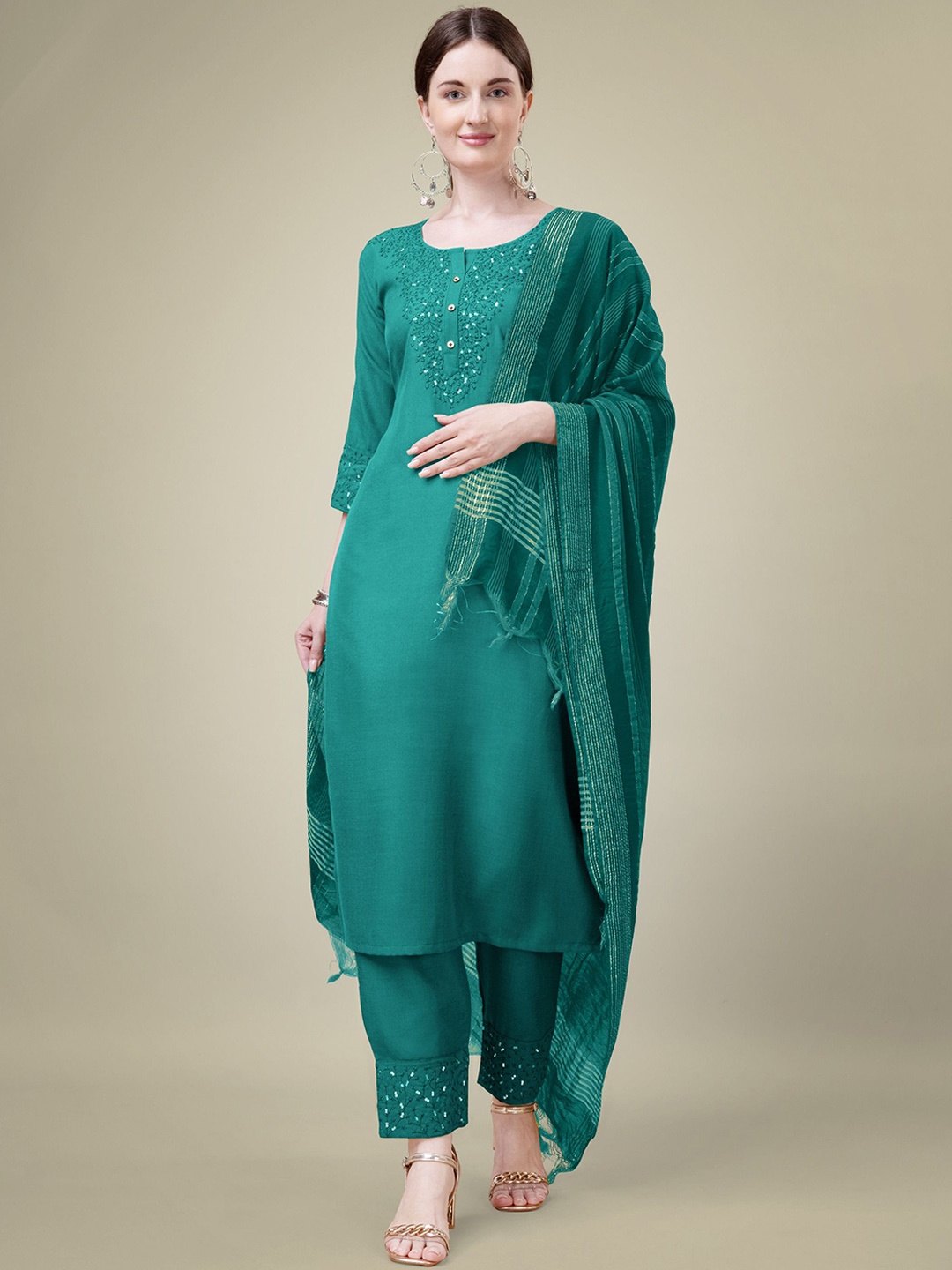 

BERISTON Women Floral Embroidered Regular Sequinned Kurta with Trousers & With Dupatta, Green