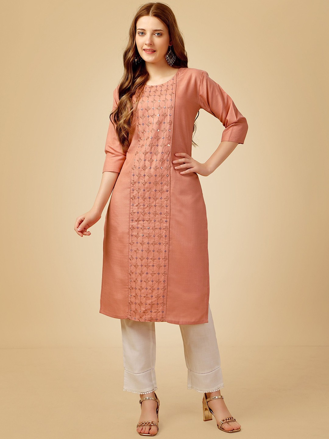 

BERISTON Women Embroidered Regular Sequinned Kurta with Trousers, Peach