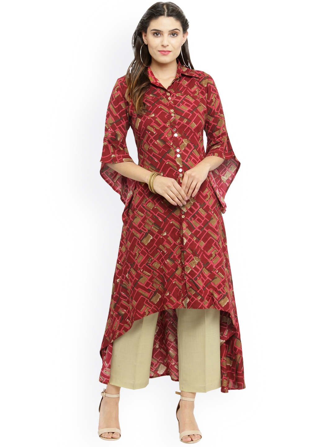

Indibelle Women Maroon & Gold-Toned Printed A-Line Kurta