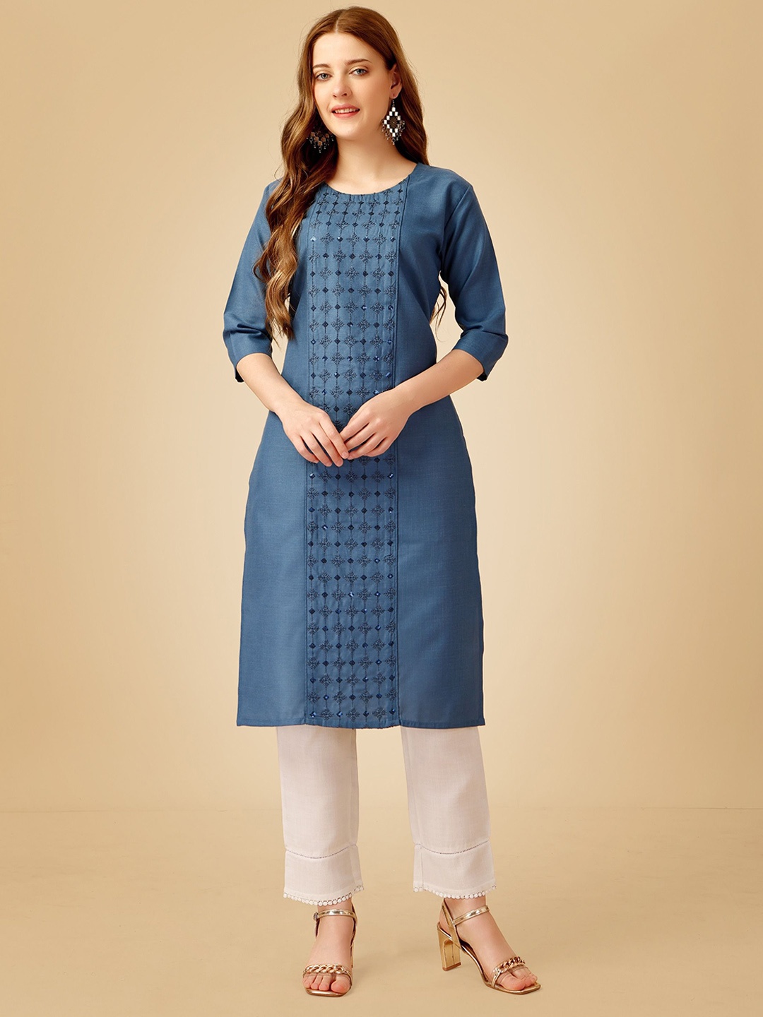 

BERISTON Women Floral Embroidered Regular Sequinned Kurta with Trousers, Blue