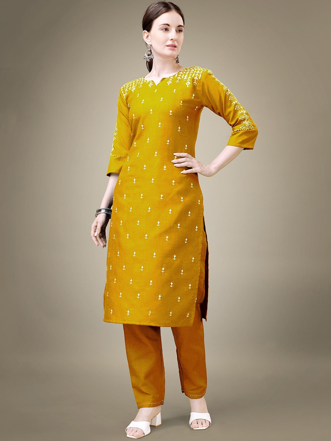 

BERISTON Women Floral Embroidered Regular Sequinned Kurta with Trousers, Yellow