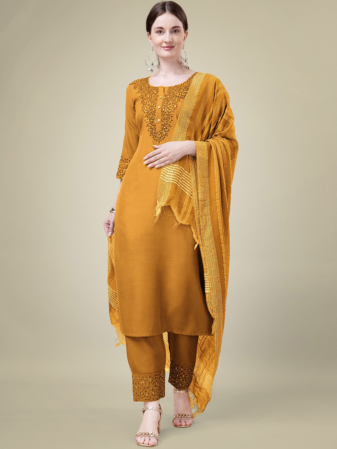 

BERISTON Women Floral Embroidered Regular Sequinned Kurta with Trousers & With Dupatta, Yellow