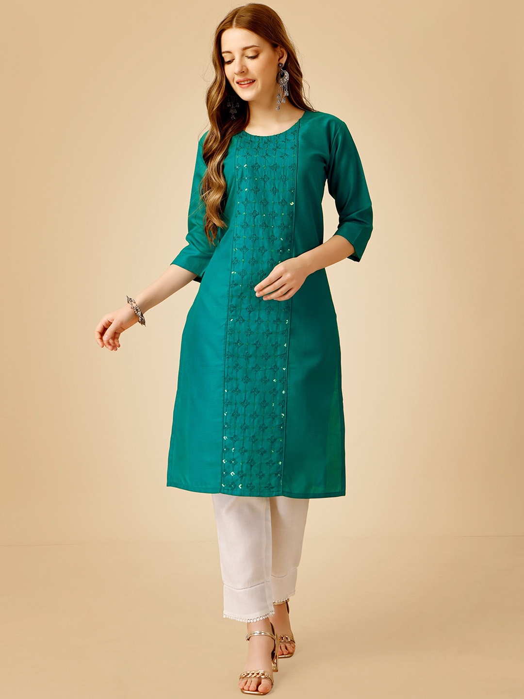 

BERISTON Women Floral Embroidered Regular Sequinned Kurta with Trousers, Green