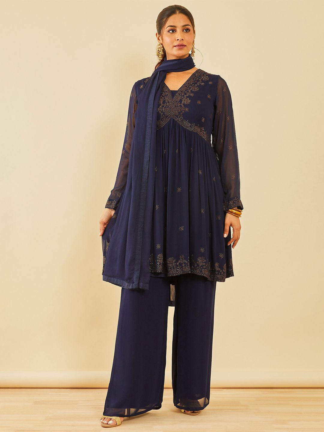

Soch Women Floral Embroidered Angrakha Beads and Stones Kurta with Palazzos & With Dupatta, Navy blue