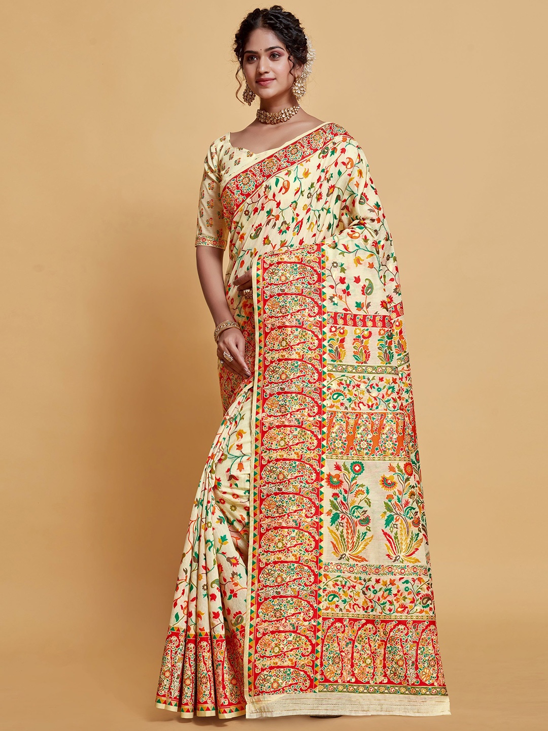

HEER FASHION Floral Zari Silk Blend Banarasi Saree, Beige