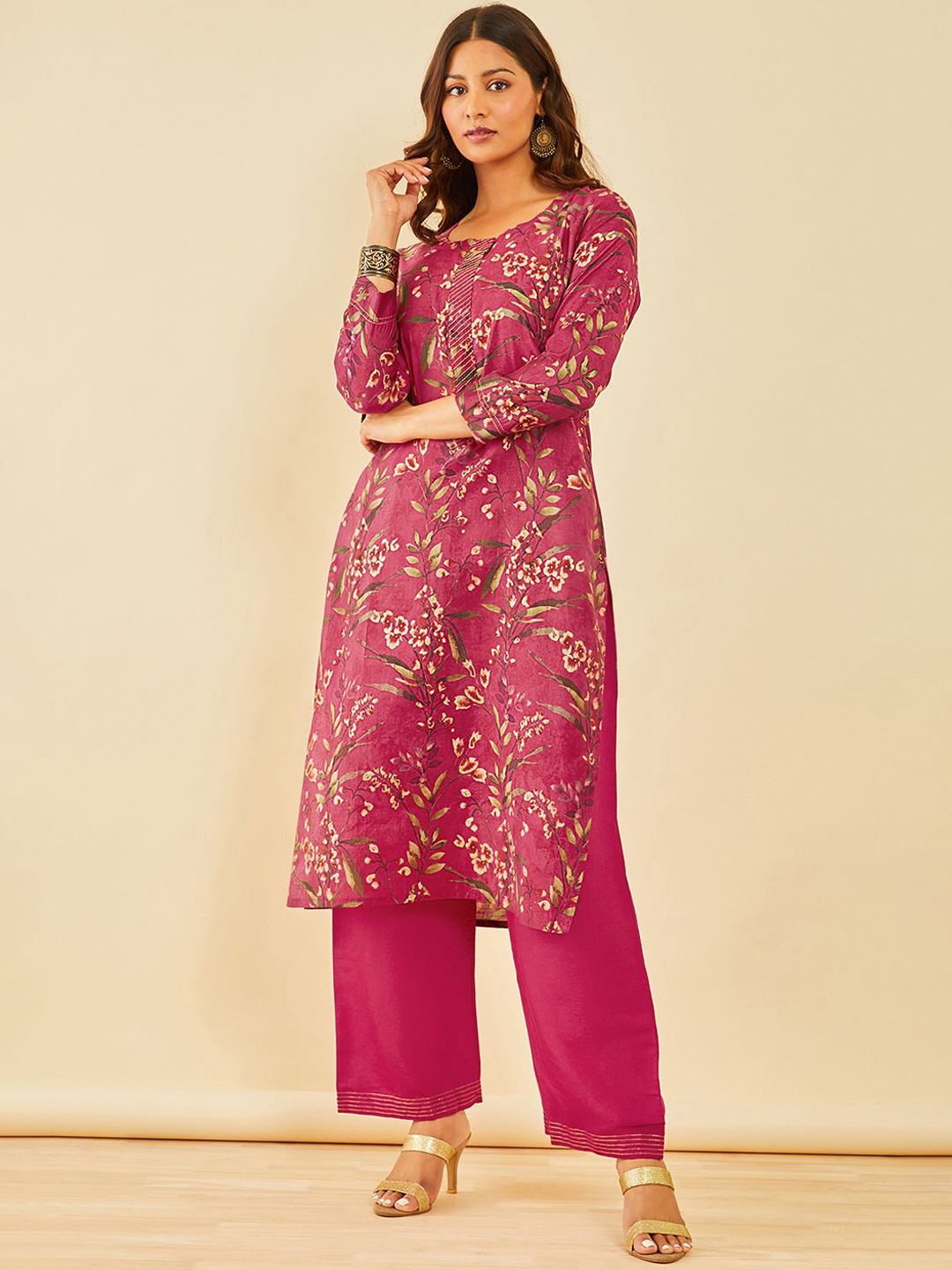 

Soch Women Floral Printed Regular Kurta with Trousers, Pink