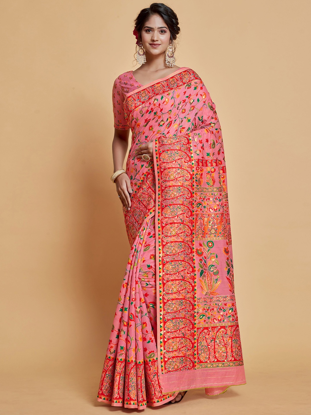 

HEER FASHION Floral Zari Silk Blend Banarasi Saree, Pink