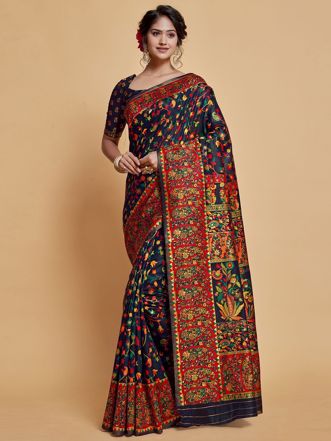 

HEER FASHION Floral Zari Silk Blend Banarasi Saree, Navy blue
