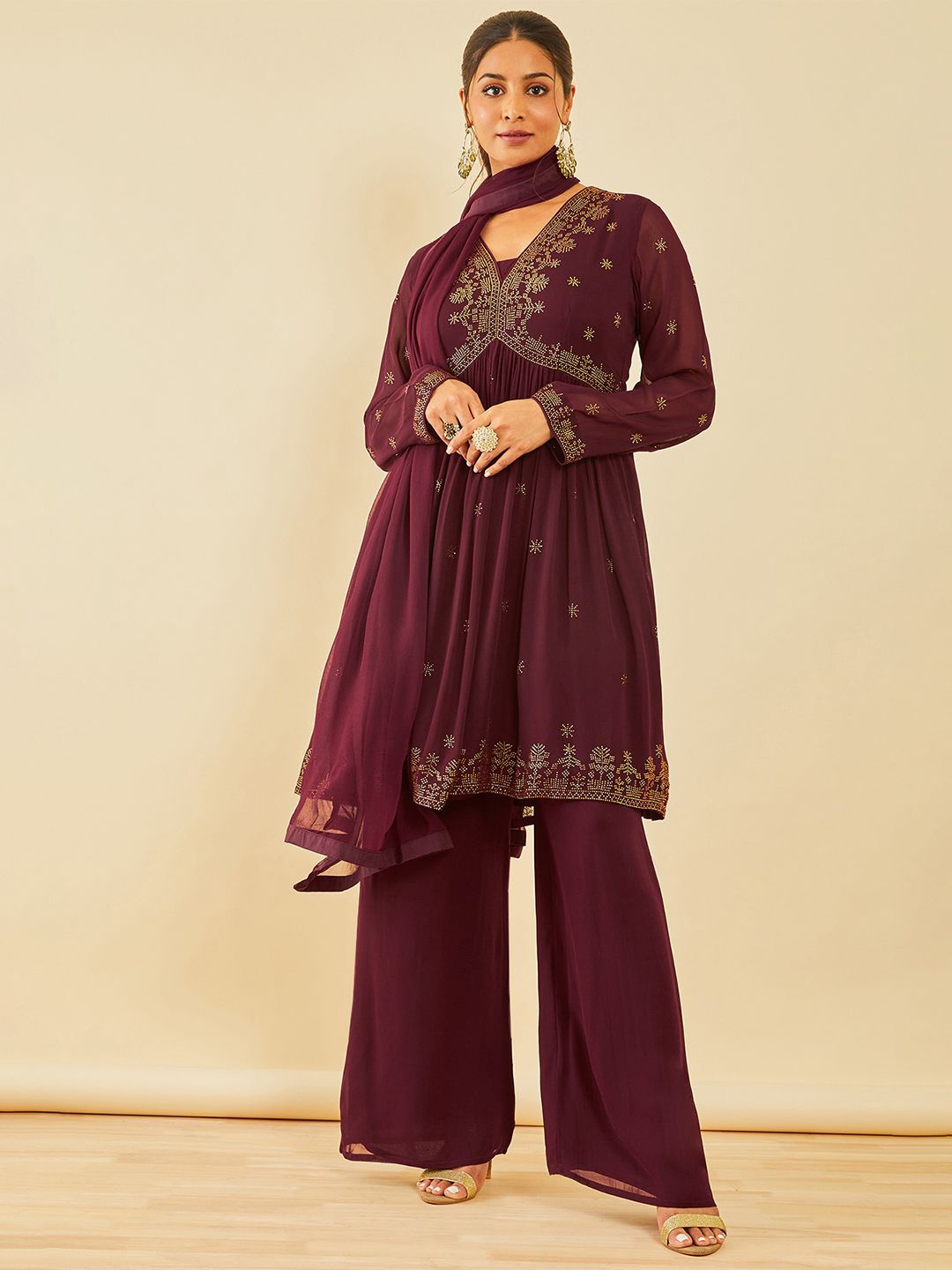 

Soch Women Floral Embroidered Angrakha Beads and Stones Kurta with Palazzos & With Dupatta, Maroon