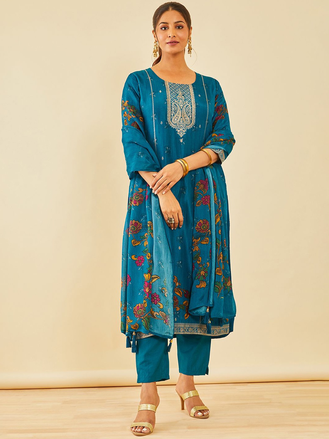 

Soch Women Floral Printed Regular Zardozi Kurta with Trousers & With Dupatta, Blue