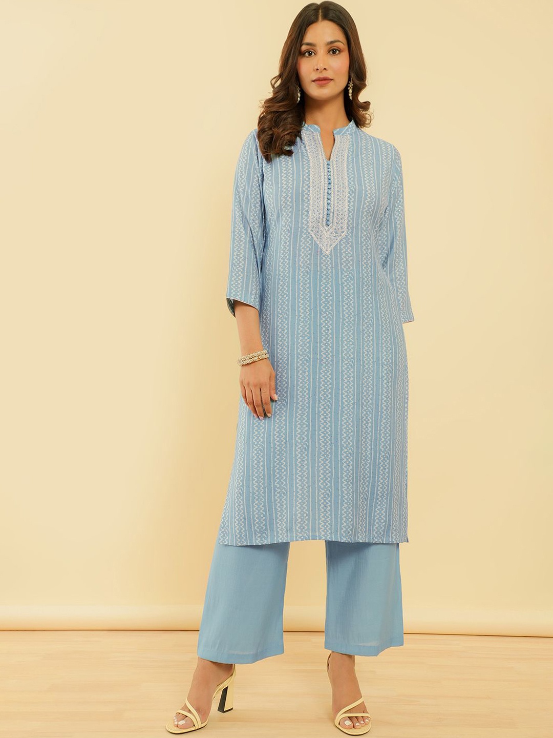 

Soch Women Printed Regular Thread Work Kurta with Trousers & With Dupatta, Blue