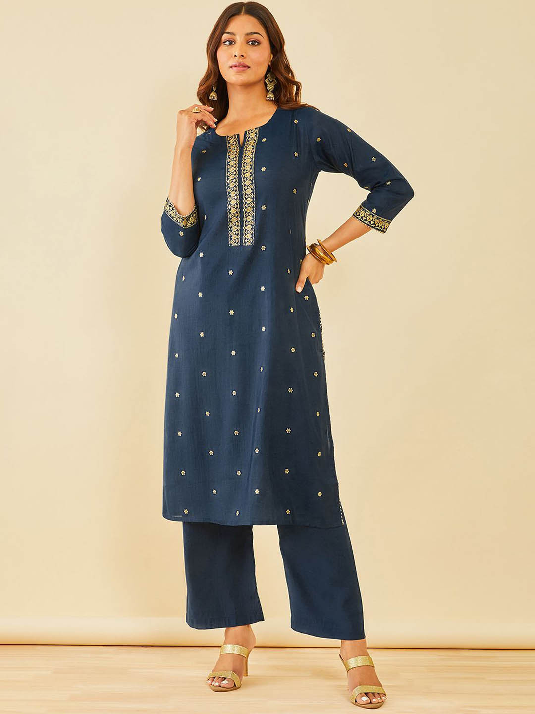 

Soch Women Floral Embroidered Regular Sequinned Kurta with Palazzos, Blue