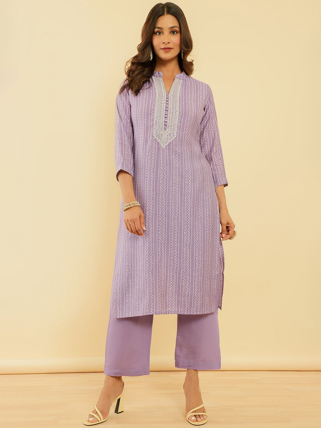 

Soch Women Ethnic Motifs Printed Regular Thread Work Kurta with Trousers & With Dupatta, Purple