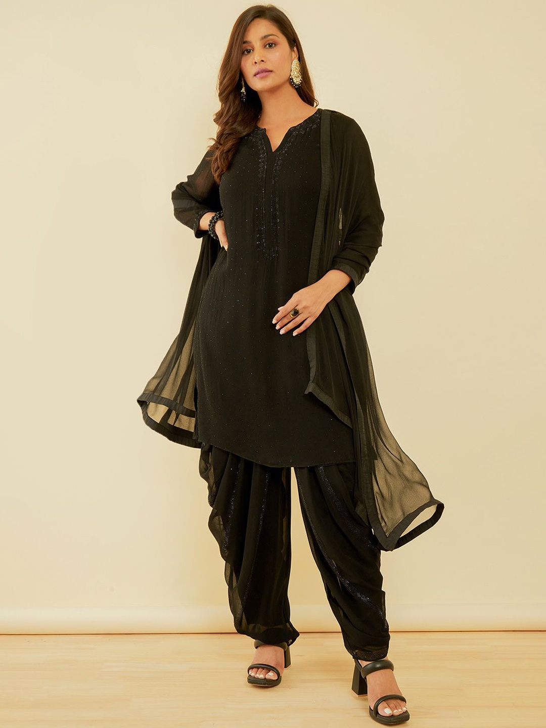 

Soch Women Embroidered Regular Beads and Stones Kurta with Dhoti Pants & With Dupatta, Black