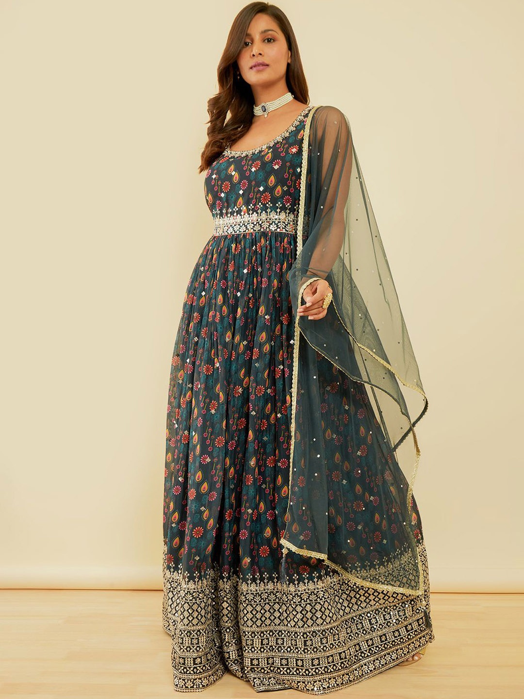 

Soch Ethnic Motifs Printed Pleated Sequinned Kurta & Churidar With Dupatta, Grey