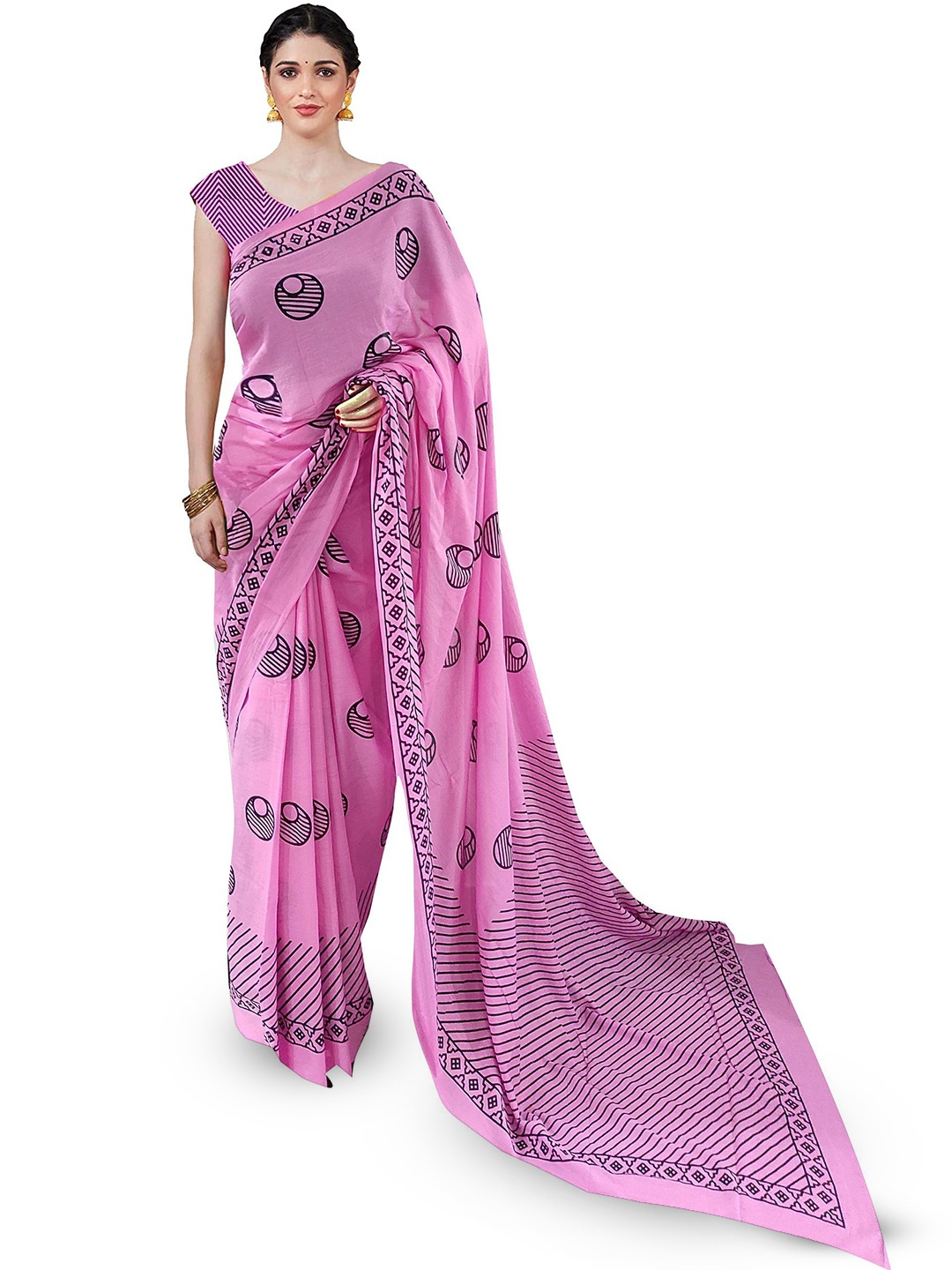 

JAIPURI PRINT Pure Cotton Block Print Saree, Pink