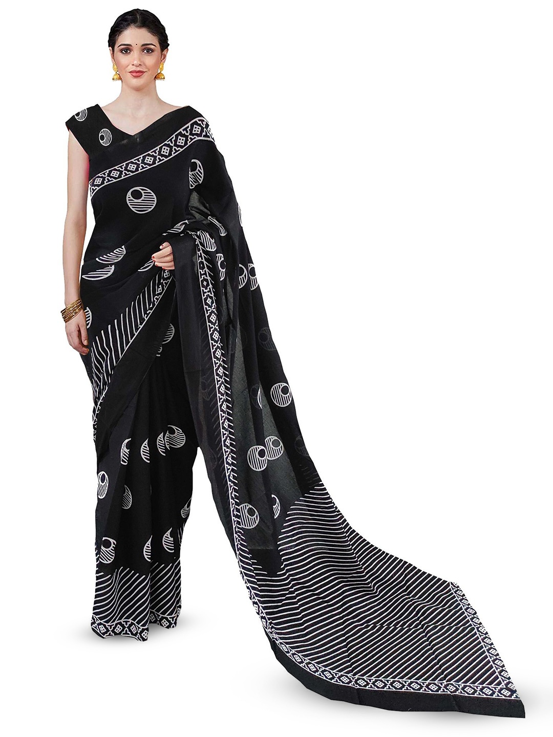 

JAIPURI PRINT Pure Cotton Block Print Saree, Black