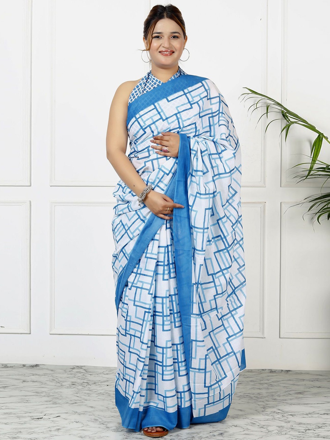 

JAIPURI PRINT Pure Cotton Saree, Blue