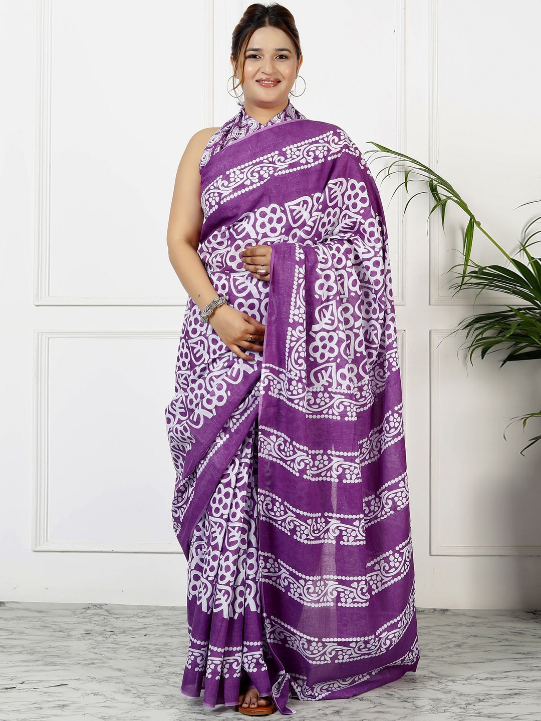 

JAIPURI PRINT Floral Pure Cotton Ikat Saree, Lavender