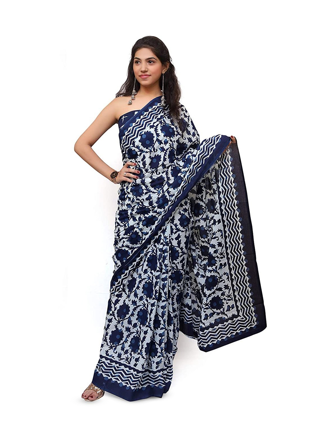 

JAIPURI PRINT Floral Pure Cotton Block Print Saree, Blue