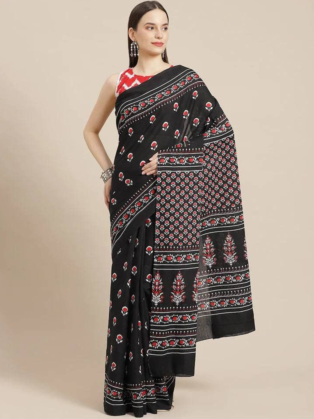 

JAIPURI PRINT Floral Pure Cotton Block Print Saree, Black