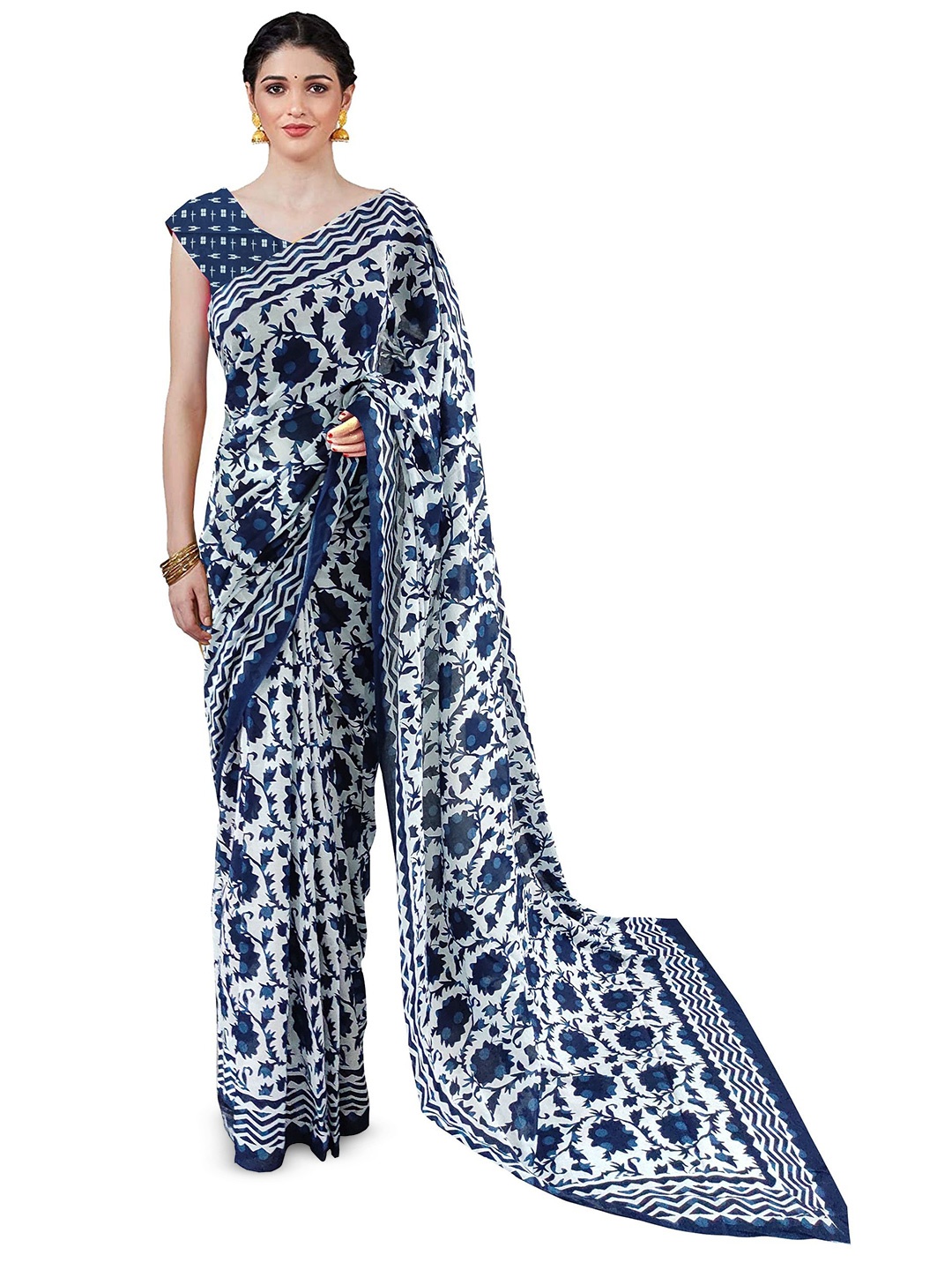 

JAIPURI PRINT Floral Pure Cotton Block Print Saree, Blue