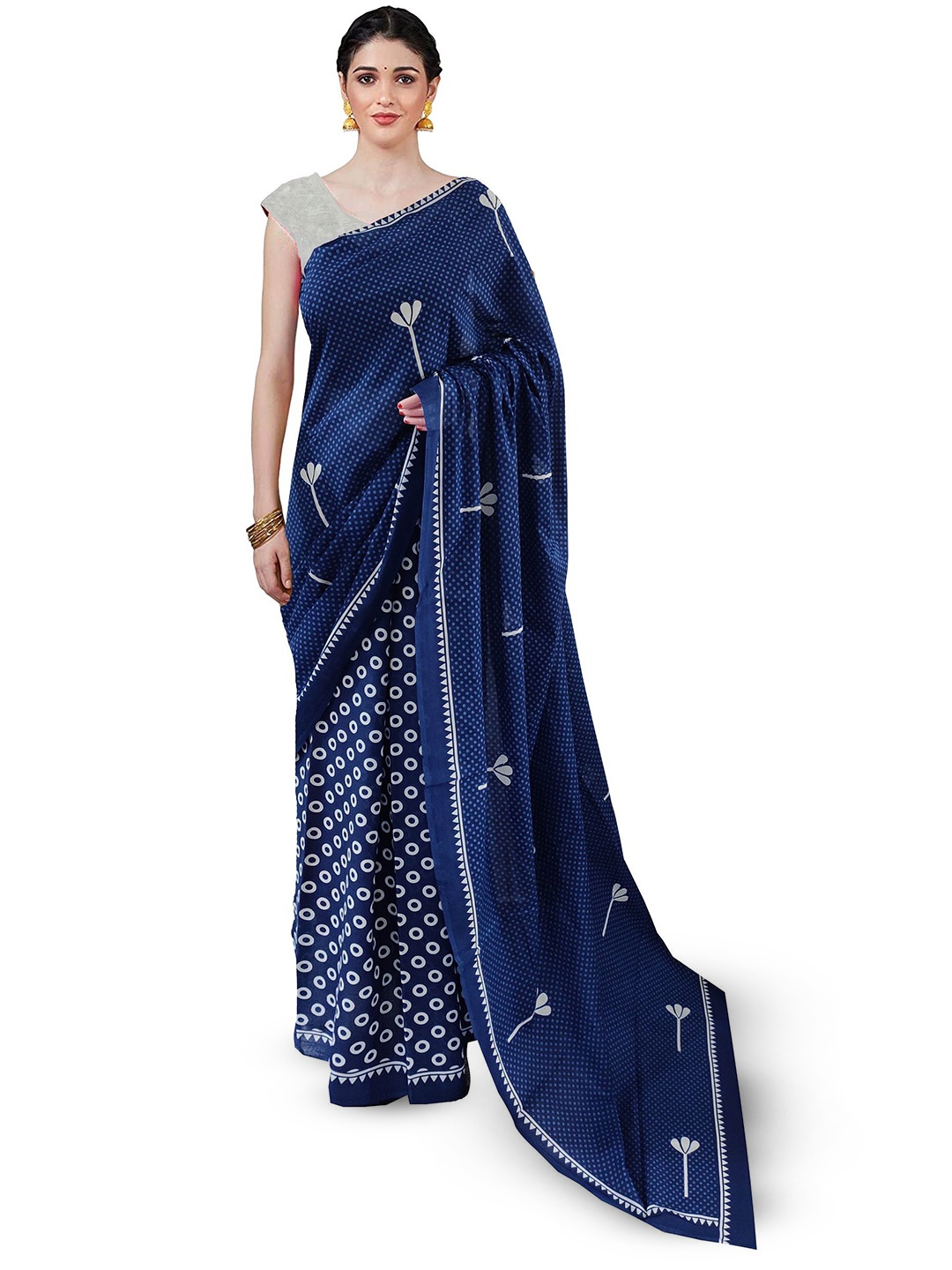 

JAIPURI PRINT Floral Pure Cotton Block Print Saree, Blue