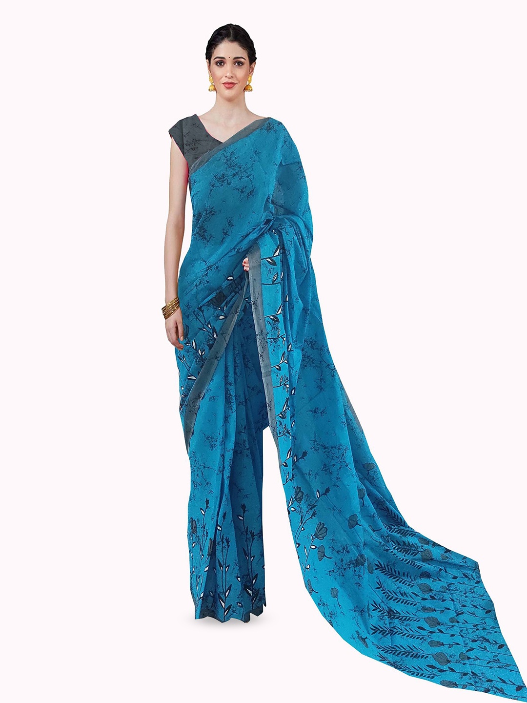

JAIPURI PRINT Floral Pure Cotton Block Print Saree, Blue