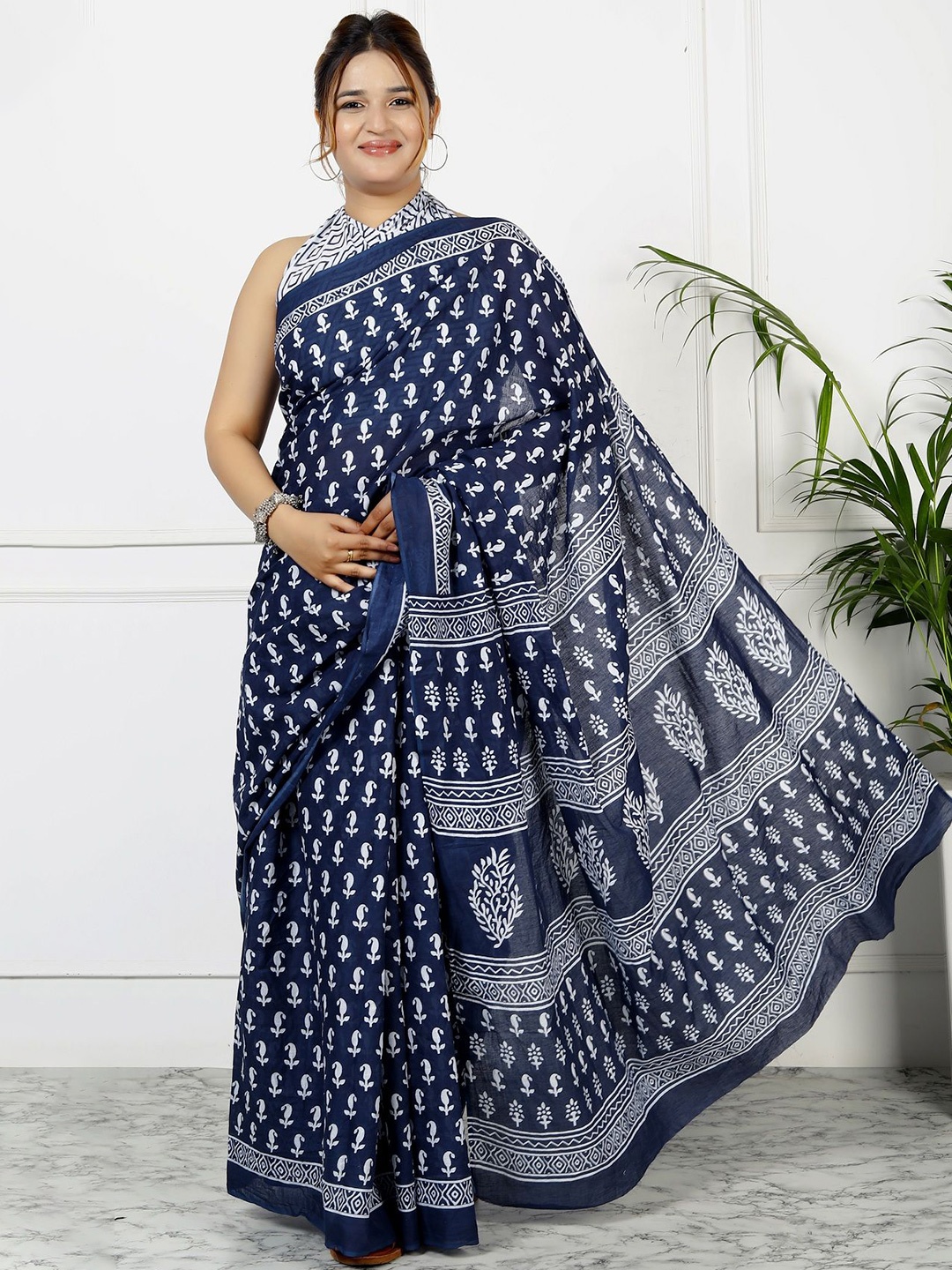 

JAIPURI PRINT Paisley Pure Cotton Ikat Saree, Blue