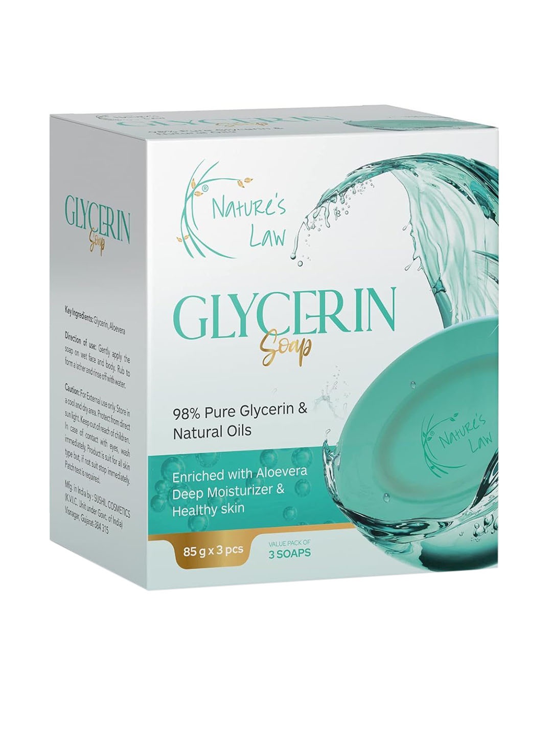 

Nature's Law Set of 3 Glycerin Bathing Soap with Aloe Vera & Natural Oils - 85 g each, Sea green