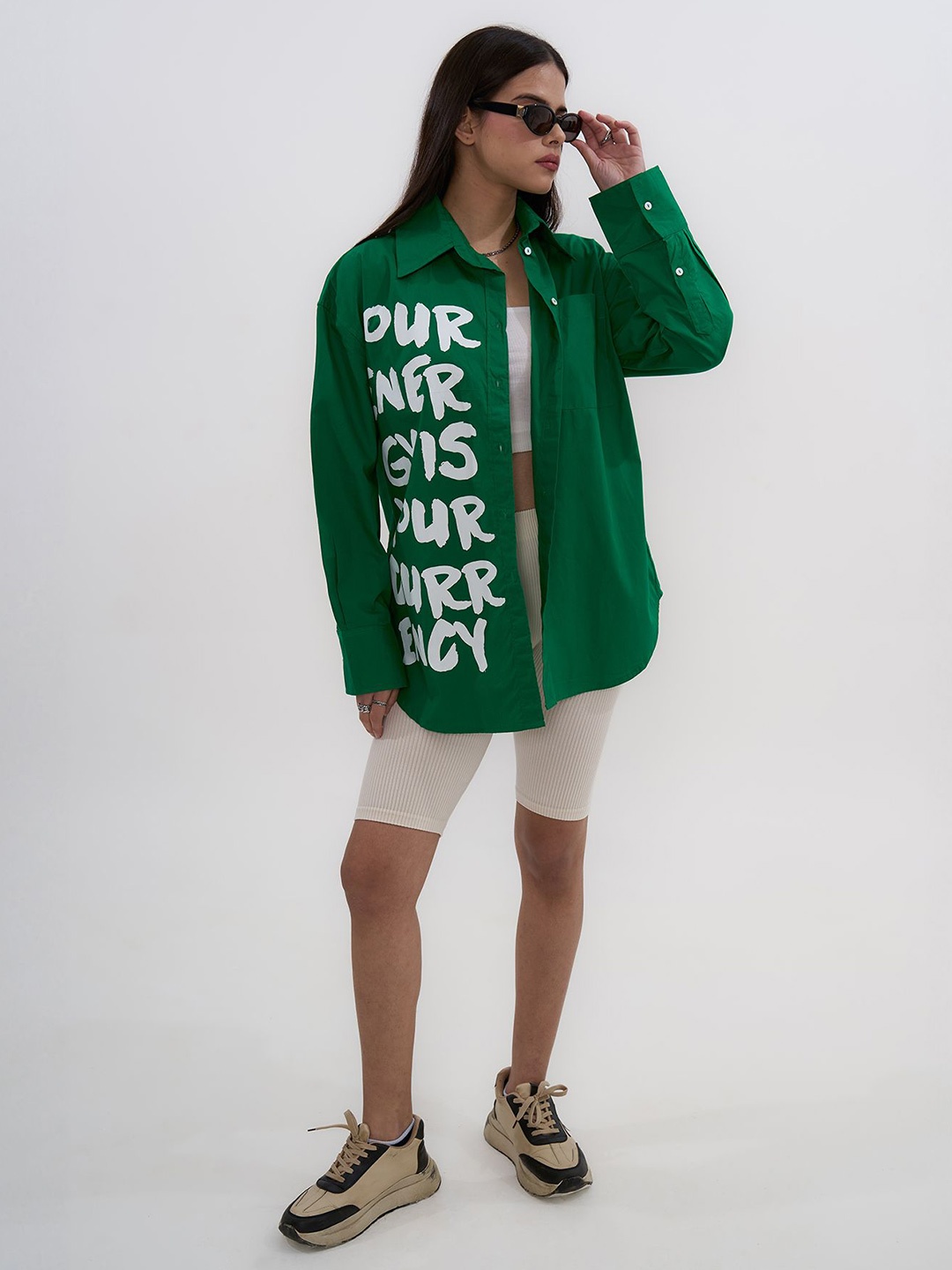 

Exhale Label The Jhanavi Women Cotton Typographic Oversized Fit Shirt, Green