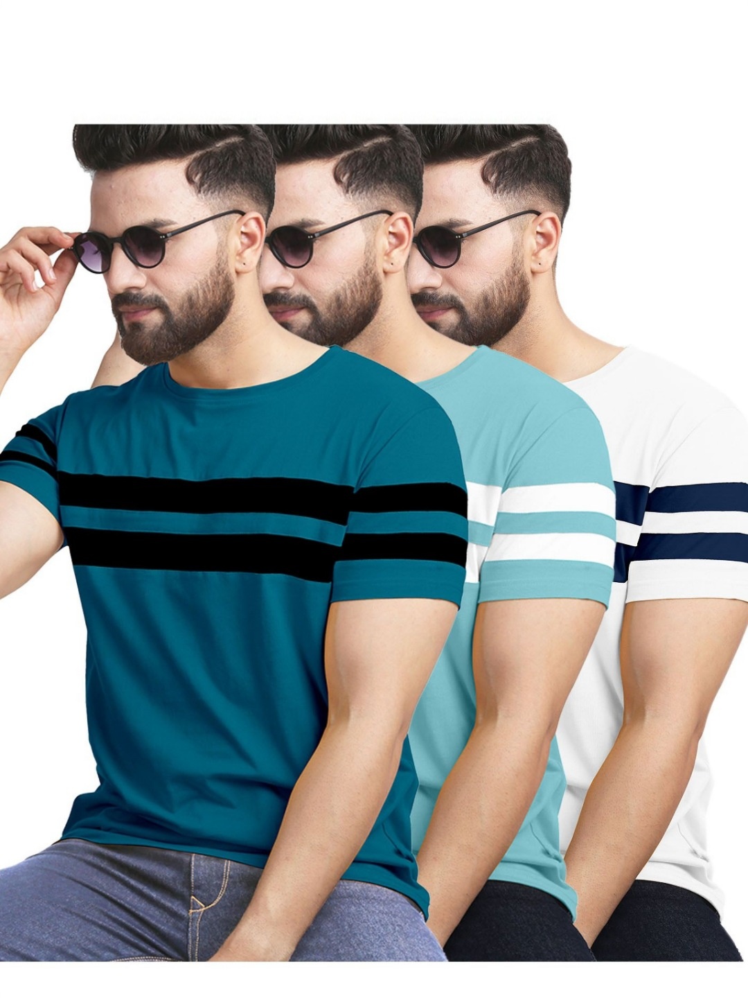 

AUSK Pack of 3 Striped Half Sleeve Round Neck Tshirt, Teal