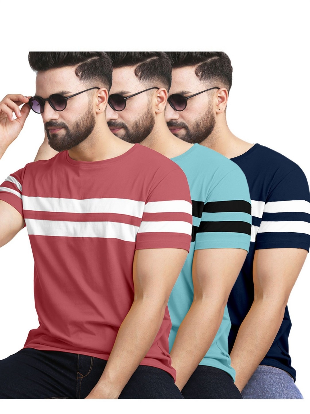 

AUSK Pack of 3 Striped Half Sleeve Round Neck Tshirt, Peach
